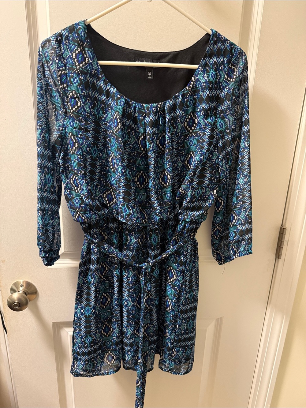 Derek Heart Blue & Black Long Sleeve Belted Dress